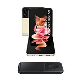 SAMSUNG Galaxy Z Flip3 5G – Plegable, pantalla 6,7” (AMOLED FHD+, 8GB RAM + 128GB almacenamiento, doble cámara trasera, 3300 mAh carga rápida 25W) Crema [Versión ES] + Wireless Charger Dúo