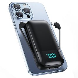 Pxwaxpy Power Bank con Cables Integrados, 13800mAh Ultra Compacto USB C 3.0A Entrada/Salida Cargador Portátil, 4 Salida Bateria Externa con Pantalla LCD Compatible con iPhone Samsung Huawei iPad y más