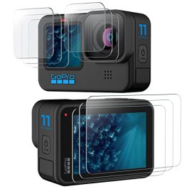 JETech Protector de Pantalla para GoPro Hero 11/10/9 Black y Protector Lente Cámara, Cristal Vidrio Templado, Marco de Instalación Fácil, HD Transparente, 3 Paquetes Cada Uno
