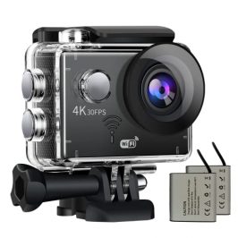 FMAIS Cámara Deportiva 4K 30fps con WiFi, Action Camera de 16 MP y Gran Angular 170°, Cámara Subacuática de 98FT Equipada 2×1350 mAh Baterías（La aplicación se ha Cambiado a x - Sport Pro）
