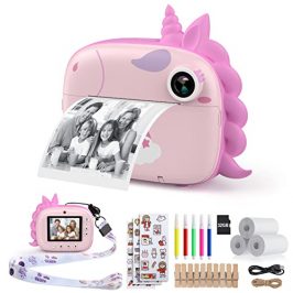 HiMont Cámara de Fotos Instantáneas con Papel de Impresión y Tarjeta SD de 32G,20MP, con Bolígrafos de Colores y Clips de Fotos, Regalo para Niños de 3 a 14 años (Rosa)