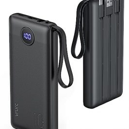 VRURC Power Bank 10000mAh Batería Externa con 4 Cables de Carga Integrados UCB C Cargador Movil Portátil Pantalla Digital LED con 4 Salidas y 2 entradas Compatible con Huawei y Smartphone