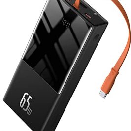 Baseus Power Bank 20000 mAh, Powerbank Laptop con Cable PD de 65 W Incorporado, USB C Quick Charge Cargador de batería Externo con Cable Tipo C y Pantalla LED para iPhone iPad, Samsung, Huawei DELL