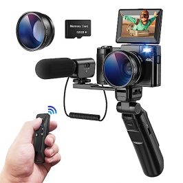 Cámara digital 4K, CCN 48MP Cámara de fotos con 180 ° Flip 3.0 "de pantalla, 16X Zoom Cámara compacta con trípode y micrófono, con lente gran angular y lente macro, mando a distancia, 32GB Card, Negro