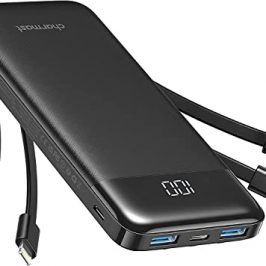 Charmast Power Bank 10000mAh con Cables Integrados, USB C Cargador Portátil 5V / 3A Powerbank Pantalla LED con 6 Salidas y 3 Entradas para iPhone Samsung Huawei Xiaomi