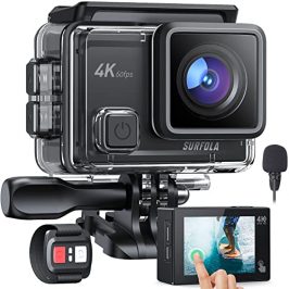 Surfola Cámara Deportiva 4K 60FPS - Pantalla Táctil WiFi Camara Acuatica Sumergible 40M, EIS Antivibración, 170° Gran Angular, 2.4G Remoto, 2 Baterías de 1350mAh y Accesorios Multiples(SF430UK)
