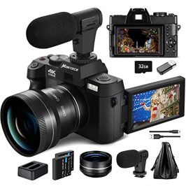 Monitech 48MP Cámara Digital 4K Videocámara Pantalla Reversible Apuntar y Disparar Cámaras para Fotografía 16X Zoom Digitales para Fotografía Vlogging Cámara para Youtube con Tarjeta SD de 32GB