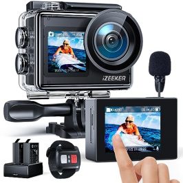 iZEEEKER iA200 Cámara Deportiva 4K 30FPS 24MP WiFi Pantalla Dual 40M Subacuática Impermeable EIS Cámara para Casco con 2x1350mAh Baterías, Micrófono Externo, 2.4G Control Remoto y Kit de Accesorios