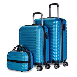 NEWTECK NUMADA-Juego de Maletas de Viaje Rígidas 3pzs. Mod Maleta Cabina 53cm, Maleta Mediana 63cm y Neceser. ABS Eco Friendly, 4 Ruedas Dobles, Resistentes, Ligeras y Seguras (Azul)
