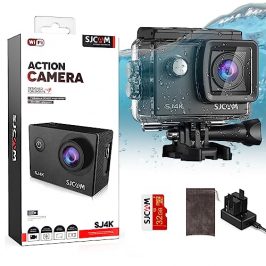 SJCAM SJ4K Cámara de Acción 4K30fps WiFi Cámara, 170°FOV 5X Zoom Digital, Cámara Sumergible 98ft con 2 Baterías, Tarjeta SD 32G y Kits de Accesorios para Montaje en Casco