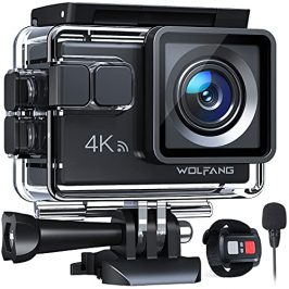WOLFANG Cámara Deportiva GA100 4K 30FPS, Videocámara de Casco WiFi de 20MP con EIS Antivibración, Cámara Subacuática Buceo 40M con Micrófono Dual, Control Remoto, 2 Baterías, Varios Accesorios