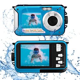 Cámara Digital a Prueba de Agua, Full HD 2.7K 48MP Doble Pantalla antivibración con micrófono Temporizador LED y Zoom Digital 16X para niños y Adolescentes, Azul