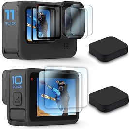 FitStill [8 piezas] Protector de pantalla de vidrio templado ultra transparente para Go Pro Hero 11/10/9 Negro, Protector de pantalla + Cubierta de lente - Paquete de 2, 8 piezas en total
