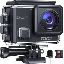 Surfola Cámara Deportiva 4K 30FPS - 20MP WiFi Camara Acuatica Sumergible 40M, Videocámara de Casco, EIS Antivibración, 170° Gran Angular, 2.4G Remoto, Micrófono Externo, 2 Baterías de 1050mAh, SF230