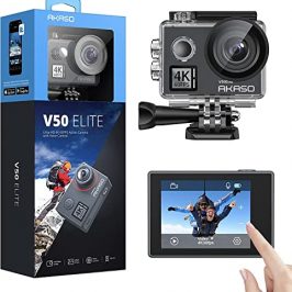 AKASO V50 Elite Cámara Deportiva WiFi 4K/60fps 20MP, Cámara de Acción con EIS Pantalla Táctil, Cámara Acuatica Sumergible 40M con Control de Voz 8X Zoom Control Remoto 2 Baterías Multi Accesorios