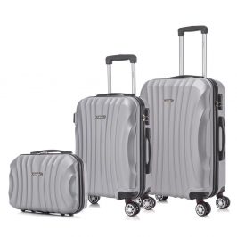 RAYKONG Juego de Maletas ABS Rígida 3 Piezas|Maleta Cabina 55cm|Maleta Mediana 68cm|Neceser 29cm|Plateada