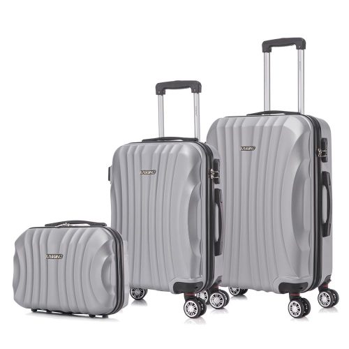 RAYKONG Juego de Maletas ABS Rígida 3 Piezas|Maleta Cabina 55cm|Maleta Mediana 68cm|Neceser 29cm|Plateada