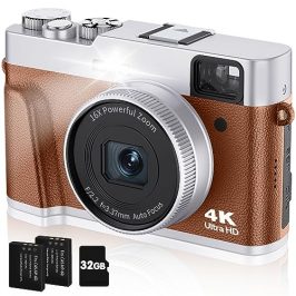 CAMKORY Camara de Fotos Digital 4K 48MP Autofoco Tarjeta 32G Visor Optico Camara Fotos Digital Cámara Digital Compacta Zoom 16X Flash Fácil de Usar Estabilización Imagen Principiante 2 Baterías Marrón