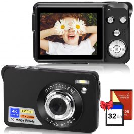 Cámara Fotos 56MP 4K HD Digital Compacta con Tarjeta 32GB 20X Digital Zoom, 2,7 Pulgadas Recargable Cámara para Niños Portátil, para Principiantes, Adulto (Negro)