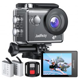 Jadfezy WiFi Cámara Deportiva Ultra HD 1080P, 12MP Action Camera con Control Remoto, Cámara Subacuática Impermeable 30m/98pies con 2×1050 mAh Baterías y Accesorios Kit para Casco y Bicicleta, etc.