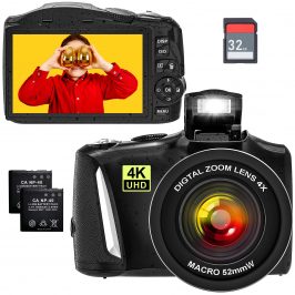 Cámara digital 4K de 48 MP, cámara de vídeo Full HD, fotografía macro, zoom digital 16X, pantalla de 3,0 pulgadas, con tarjeta SD de 32 GB, 2 pilas