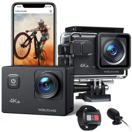 WOLFANG Cámara Deportiva GA100 4K 30FPS 20MP Cámara Subacuática Impermeable 40M, Videocámara WiFi con Micrófono Dual, 170° Gran Angular, 2.4G Remoto, EIS Antivibración, Varios Accesorios (GA100)