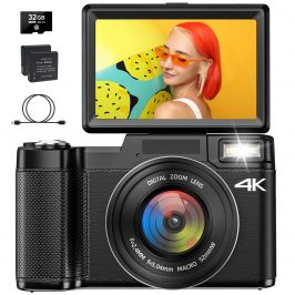 Camara Fotos 4K 48MP Vlogging Cámara para Youtube Zoom Digital 16X con Función Macro, Flash Elevable Cámara Digital Compacta para Fotografía 3'' 180° Flip Screen, Tarjeta TF de 32GB, 2 Baterías