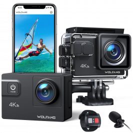 WOLFANG Cámara Deportiva WiFi 4K 60FPS GA300, Videocámara 8xZoom 24MP, Cámara Acuática Sumergible 40M con Micrófono Dual, 170° Gran Angular, EIS Mejorado, 2.4G Control Remoto, 2x1350mAh Baterías
