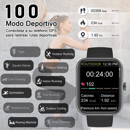 Blackview Reloj Inteligente Hombre Mujer - Llamada Bluetooth, Pantalla Grande 1,83 Pulgada/Oxímetro (SpO2) Pulsómetro/100 Modos Deportivos, Calculadora, Smartwatch Fashion para Hombre (2 Correas) - Imagen 4
