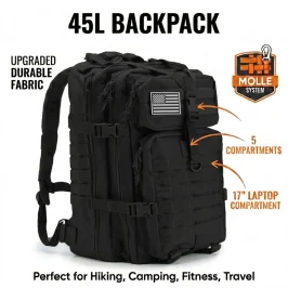 45L Men's Tactical Backpack with MOLLE Webbing System, Compatible with Additional Attachments, Multiple Storage Compartments, Hydration Port on Top, Ideal for Outdoor Activities, Camping, Weekend Trips & Daily Use
