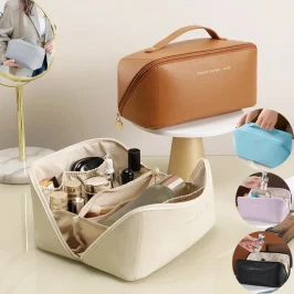 Women's Large Capacity PU Leather Custom Portable Cosmetic Pouch Organizer Zipper Hanging Geometric Travel Organizer Makeup Bags