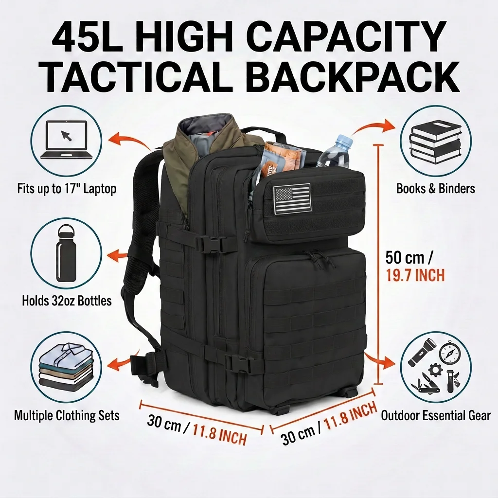 Tactical Backpack 45L Large Capacity Unisex 3 Day Trekking Survival Daypack Sturdy Multi Function Rucksack For Daily Commute College Work Camping Travel Spacious Sleek Everyday Use - Imagen 3
